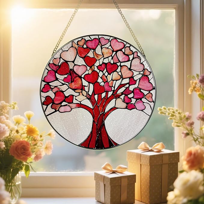 Stained Glass Window Hanging - 8 Inch Love Heart Tree Suncatcher, Sun Catchers Indoor Window | Valentine’s Day, Mother's Day, Christmas, Anniversary, Birthday Gifts for Lover, Wife, Girlfriend, Mom