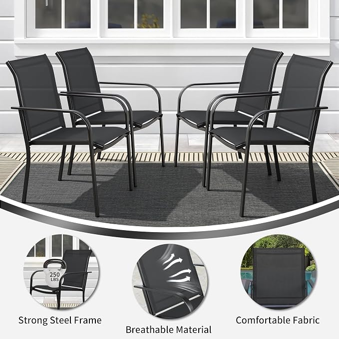 SUNCROWN 6 - Piece Outdoor Dining Set, Patio Furniture Set with 4 Textilene Dinning Chairs, 1 Steel Slat Metal Bistro Table and 1 Brown 9Ft Patio Umbrella for Lawn Garden Backyard Deck, Black