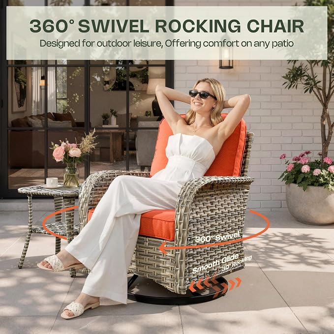 10 Pieces Patio Furniture Set, Outdoor Conversation Set with 360° Swivel Rocker Chairs, Wicker Modular Sectional Sofa & Solar Coffee Table, High Back Outdoor Furniture L Shaped Couch for Porch, Red