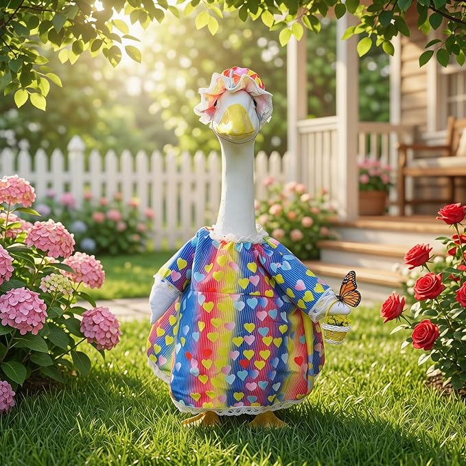 Funny 3-Piece Heart Print Porch Goose Outfits Set, Vintage Lace Trim Dress, Matching Bonnet & Flower Basket, Spring/Summer Yard & Lawn Goose Costume for 23" Statue, Outdoor Patio Garden Decoration