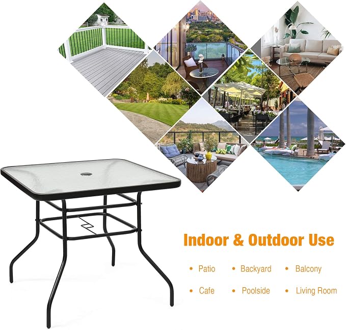 S AFSTAR Bistro Table Outdoor, Square Dining Coffee Table with Umbrella Hole & Tempered Glass Tabletop, Outdoor Patio Pub Table for Patio Garden Poolside Balcony Backyard, 32”L x 32”W x 28”H