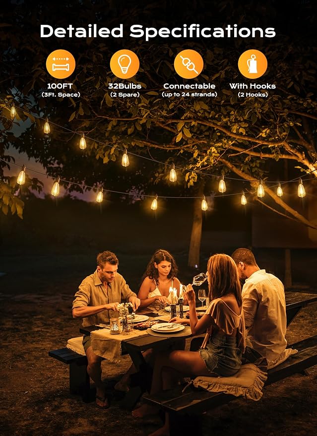 Brightown Outdoor String Lights Patio Lights 100FT ST38 Waterproof Dimmable | Connectable Shatterproof LED Christmas Lights, Hanging Outside Light for Backyard, Porch, Deck, Balcony, Garden, Home Decor