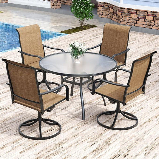 Anmutig 5-Piece Outdoor Patio Dining Set, 40" Round Glass Table with 4 Swivel Rocking Patio Chairs Furniture Set for Kitchen Garden, Backyard, Brown