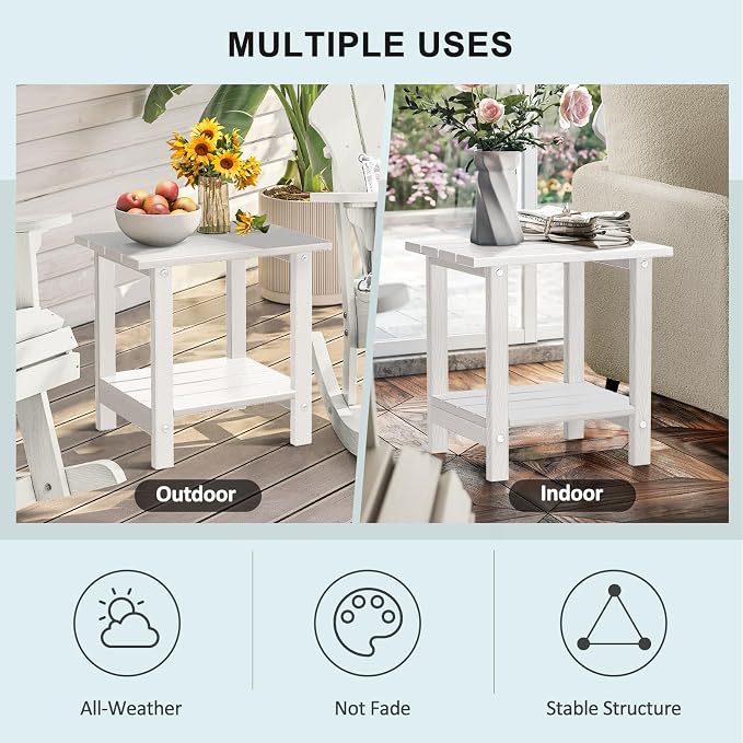 2 Tier Outdoor Side Table with Wood-Like Grain, 16.6" HDPE Adirondack Table Patio Side Table, Weather Resistant End Table for Pool, Patio & Porch, Small Outdoor Table (White, Rectangle)