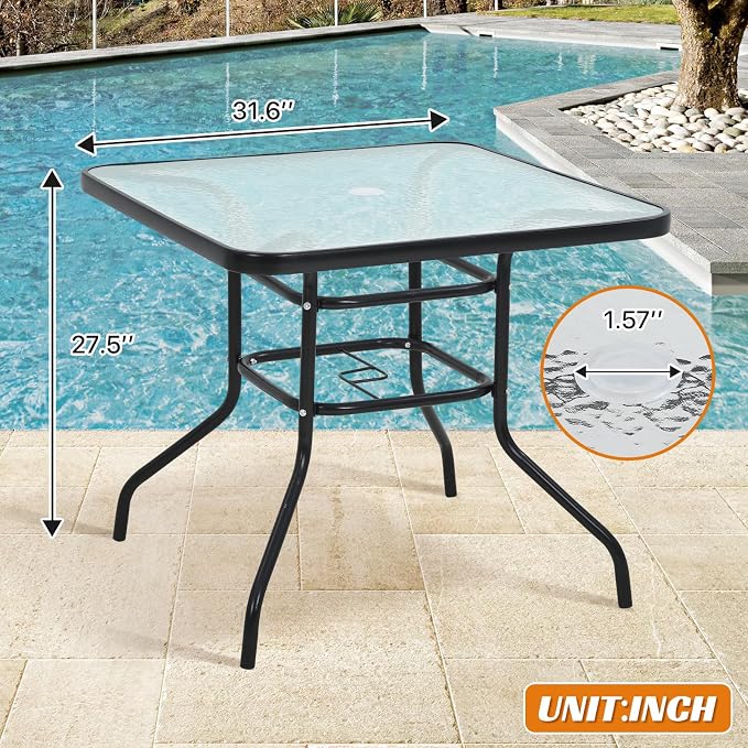 Outdoor Patio Table with Umbrella Hole, 32 Inches Tempered Glass Top Square Patio Table,Conversation Coffee Table Metal Steel Frame All-Weather Furniture for Balcony, Backyard and Poolside