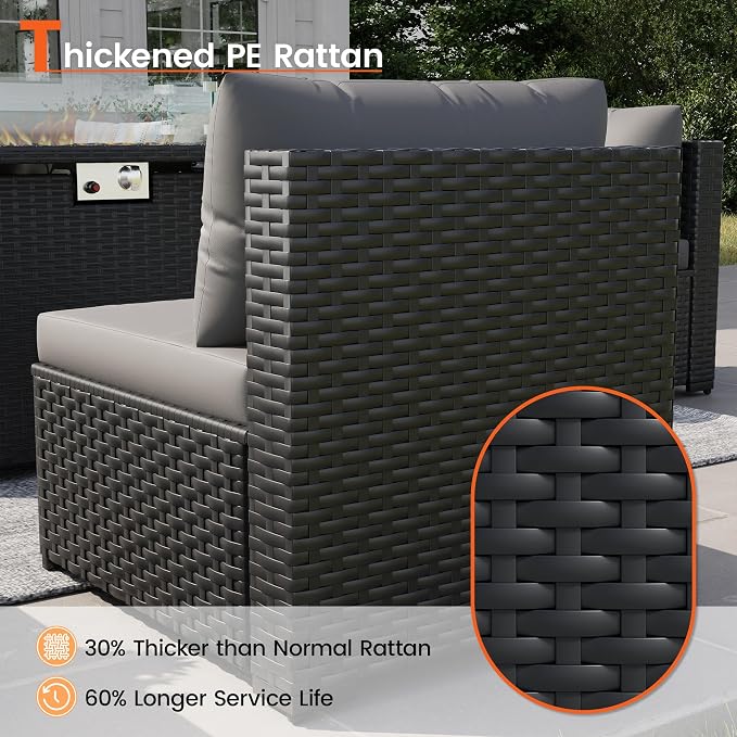 8 Piece Patio Furniture Set with 43" Fire Pit Table, Outdoor Sectional Wicker Sofa Set with Coffee Table (Grey/Black)