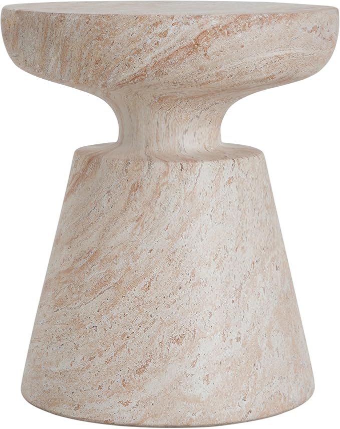 Outdoor Side Table Faux Marble End Table Faux Stone Side Tables Travertine Small Coffee Tables for Indoor Outdoor, Garden Stool Plant Stand for Porch, Backyard Patio, 17.75*17.75*20.5-Hourglass,Beige
