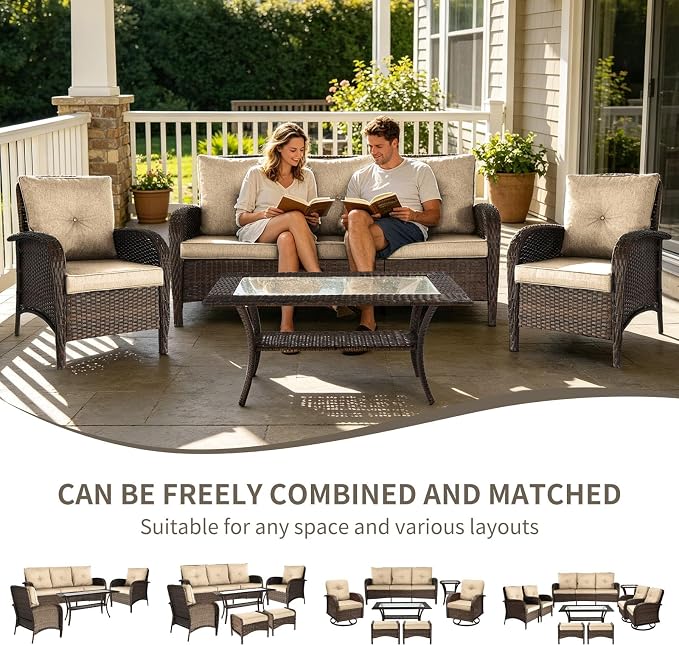 Outdoor Swivel Rocker Patio Chairs (Brown Wicker/Khaki Cushion, 4PC/Sofa & Chair &Coffee Table)