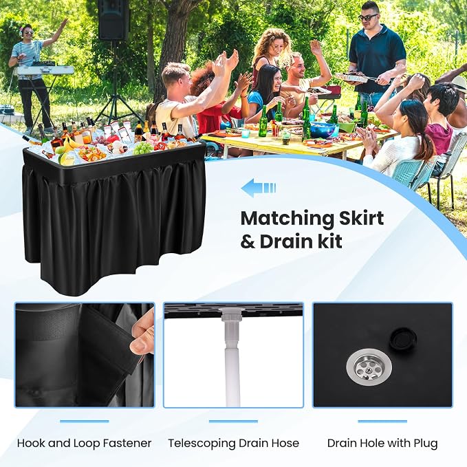 KOTEK Folding Ice Cooler Table with Matching Skirt, Drain Hose & Bucket, Foldable Buffet Beverage Cooler Server, Portable Chill Table for Party, Picnic, BBQ, Camping (Black)