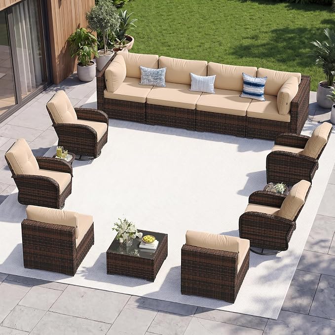 Aoxun 13 Piece Outdoor Patio Furniture Set with Coffee Table, Wicker Rattan Outdoor Furniture with High Back Swivel Rocker Chairs, Outdoor Conversation Set with Thick Cushion & Side Table, Beige