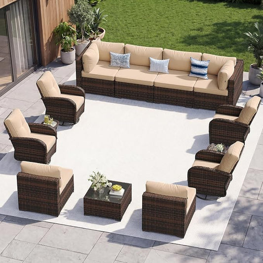Aoxun 13 Piece Outdoor Patio Furniture Set with Coffee Table, Wicker Rattan Outdoor Furniture with High Back Swivel Rocker Chairs, Outdoor Conversation Set with Thick Cushion & Side Table, Beige