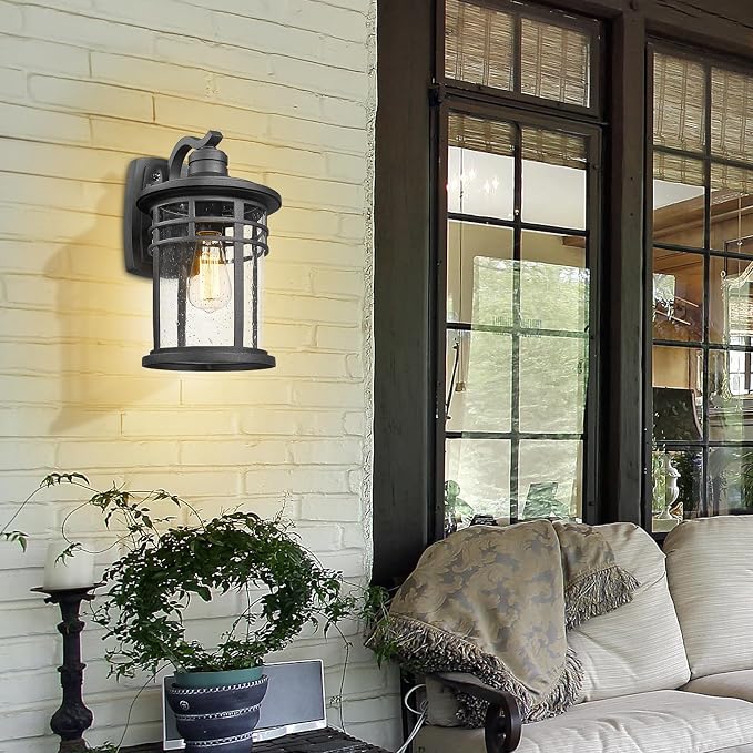 Darkaway Dusk to Dawn Outdoor Porch Wall Light,Outside Wall Mounted Light Seeded Glass Exterior Waterproof Lantern 14.57inch Large Modern Wall Sconce Lighting for House Front Door Garage