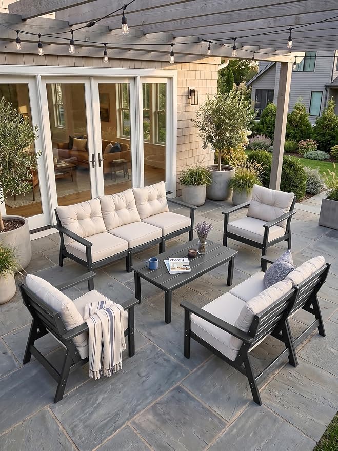 HDPE Patio Conversation Set 7 Seats, Outdoor Furniture Set, Patio Sofa Set | Water-Resistant Thick Cushion, HDPE All Weather, Wood-Grain, No Rot or Rust or Crack, UV Fade Shield, Easy-Clean for Outside