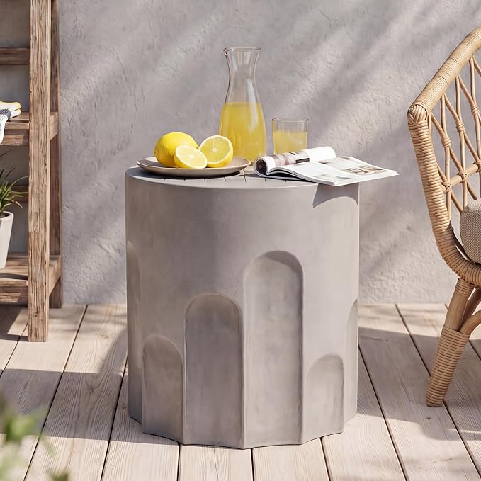 HOMPUS Outdoor Side Table with Checkeboard Grain Tabletop, Round Shaped MgO Lightweight Concrete End Tables, Modern Vintage Patio Accent Table for Indoor Outdoor Use, Grey