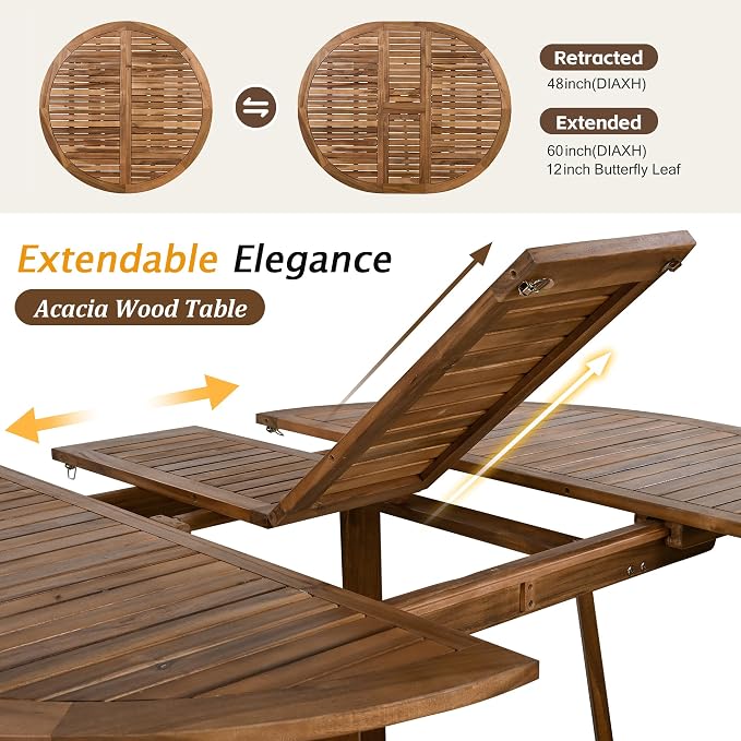 Merax Outdoor Dining Table Set, 5-Piece Outdoor Dining Table Sets with 4 Rattan Arm Chairs Patio Extendable Wooden Foldable Round Kitchen Table Set for Lawn, Deck, Backyard, Natural
