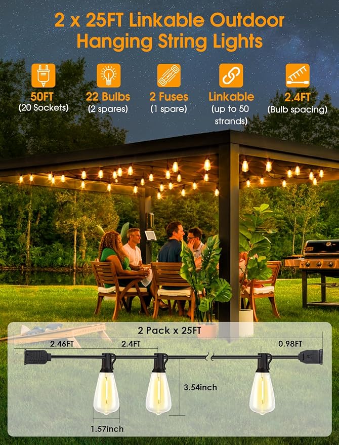 50FT(2x25FT) Outdoor String Lights, Patio Lights with 20+2 LED Dimmable Waterproof ST38 Vintage Bulbs for Backyard Bistro Cafe Deck, Black