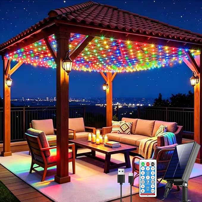 Pooqla Solar Net Lights, 10x10ft 280LED Gazebo Net Lights Outdoor with 8 Modes, Solar & USB Powered Waterproof String Lights Clear Wire, Chandelier for Pergolas, Patio, Bush, Backyard Decor Colorful
