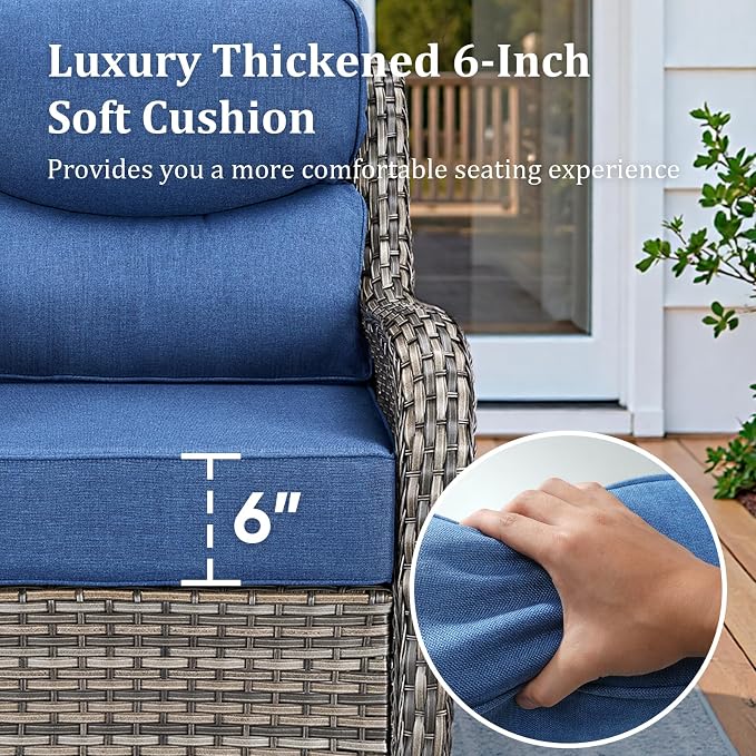 Luxury High Back Patio Furniture Set with 6-Inch Thick Cushions, 5-Pieces Outdoor Furniture with Swivel Chairs Fire Pit, Wicker Conversation Set for Porch, Balcony, Deck and Yard, Grey/Blue