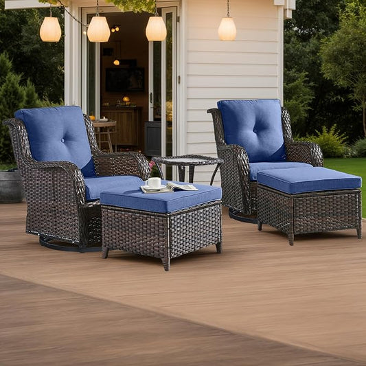 HUMMUH 5 Piece Outdoor Patio Furniture Set Wicker Conversation Bistro Set Swivel Rocking Chairs with Side Table and Ottomans for Backyard, Porch, Balcony