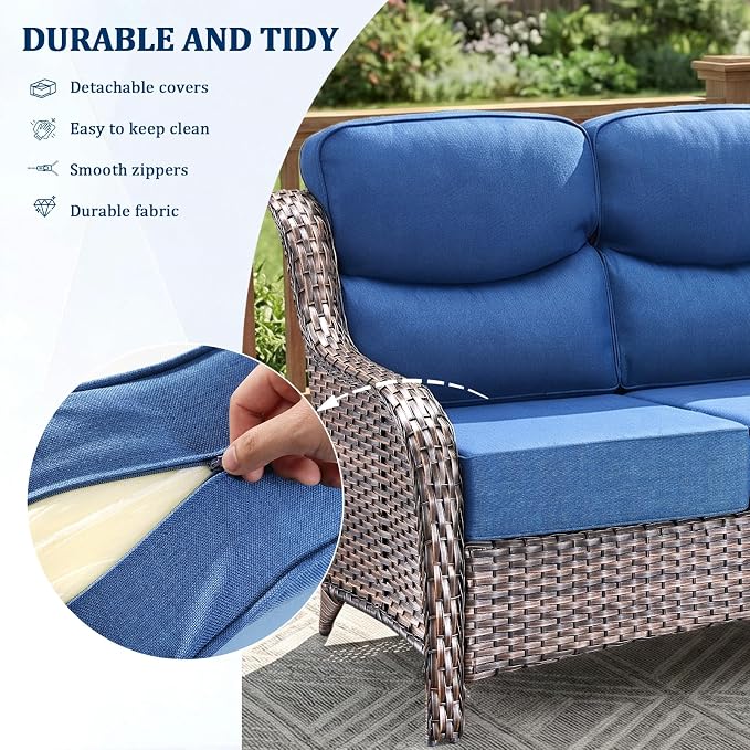 Luxury Swivel Rocker Chairs Sofa Set with 6" Thick Cushion 5 piece Wicker Outdoor Patio Chair with Coffee Table High Back Comfortable Outdoor Patio Furniture Set - Brown | Blue