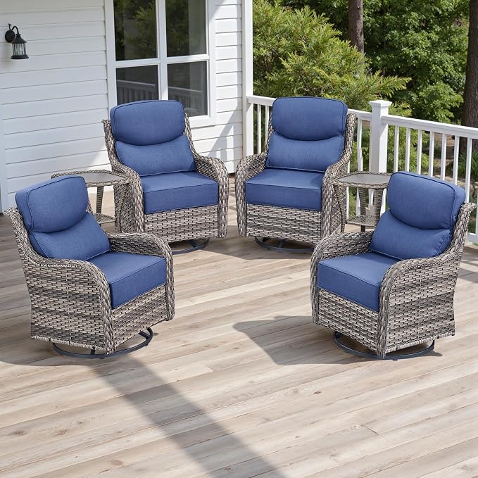 Rilyson Outdoor Patio Furniture Set - Weather Resistant Wicker,High Back,6 inch Cushions,6 Piece Patio Furniture Set with Swivel Rocker Chairs and Side Table for Deck Porch Yard,Mixed Grey/Blue