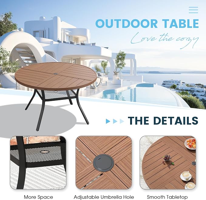 Patio Dining Table for 4-6, Round Metal Outdoor Table with Storage Shelf, 1.57" Umbrella Hole, 47" Outdoor Quartered Tabletop Dining Table for Backyard, Porch, Lawn, Walnut
