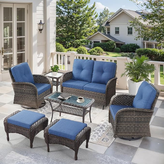7 Pieces Patio Furniture-Patio Swivel Chairs Set of 2 Outdoor Glider Bench Rocking Chair with Patio Ottomans Patio Conversation Sets for Deck Porch Garden Balcony Poolside-Brown/Blue
