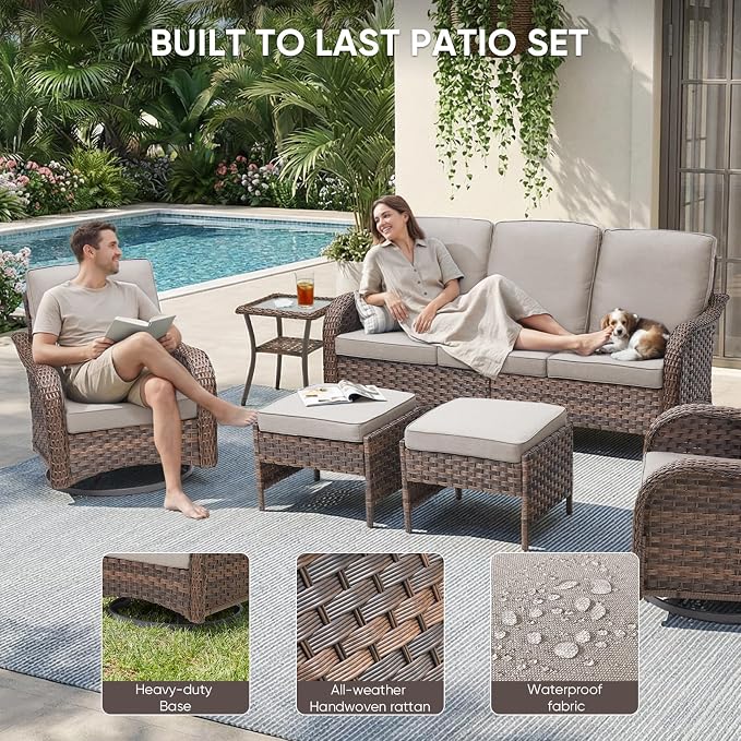 Patio Furniture Set - 3 Pieces All Weather Wicker Outdoor Couch Sofa and 2 Ottomans, Ergonomic Design for Porch, Deck, Balcony, Garden, and Backyard(Beige)