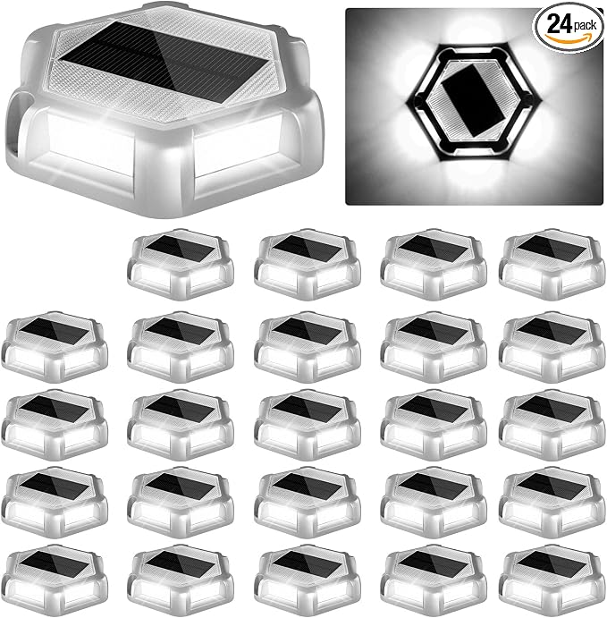 Solar Dock Lights Driveway Deck Lights - 24 Packs Waterproof Outdoor LED Aluminum Dock Lighting Warning Step Light for Driveway Sidewalk Garden Pathway Yard (White)