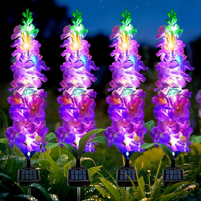 MRHEPHAESTUS Solar Garden Lights, Solar Purple Delphinium Flowers Lights 4 Pack 80 LEDs, Waterproof Outdoor Light Two Lighting Modes for Outside Wedding Party Garden Yard Patio Lawn Decor