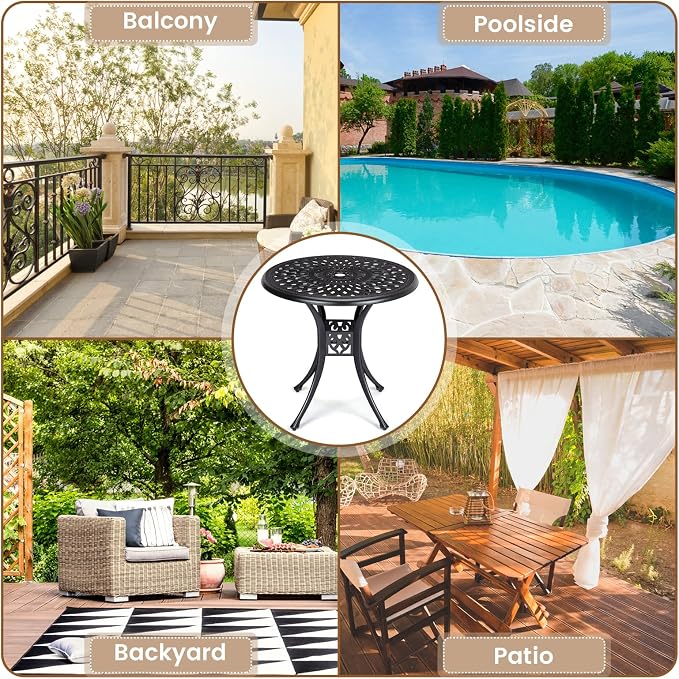 30.25" Round Cast Aluminum Patio Bistro Table, Bistro Table with Umbrella Hole, Outdoor Side Table, for Porch, Backyard, Garden, Balcony, Black