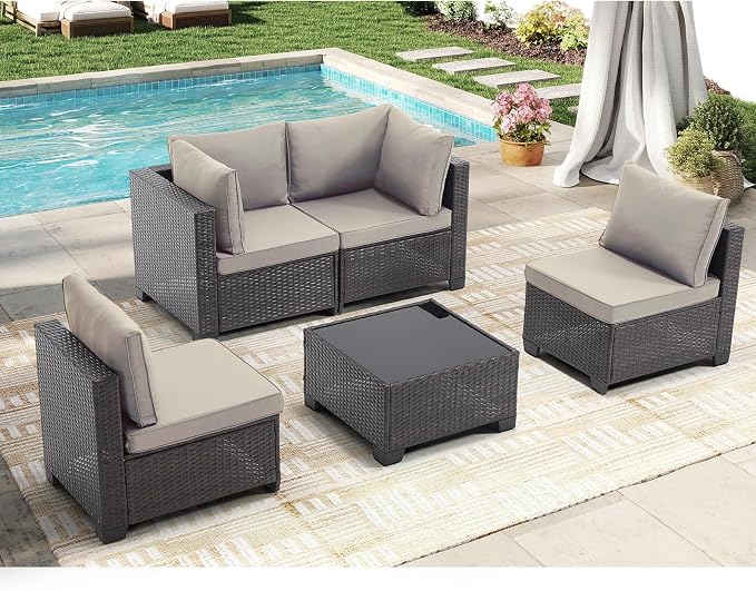 CANMOV 5 Pieces Patio Furniture Sets, All Weather Outdoor Patio Conversation Set, PE Wicker Rattan Sectional Sofa Couch with Glass Coffee Table and Washable Cushions for Backyard Garden, Porch, Khaki