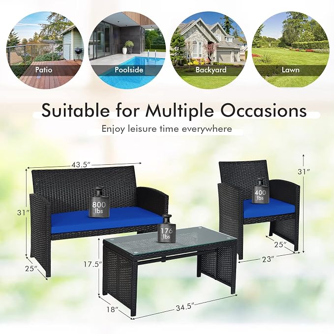 DORTALA 8 Pieces Patio Wicker Conversation Furniture Set, Outdoor Rattan Sofas with Bistro Sets with Coffee Table for Courtyard Balcony Wicker Chairs with Soft Cushion and Table, Navy