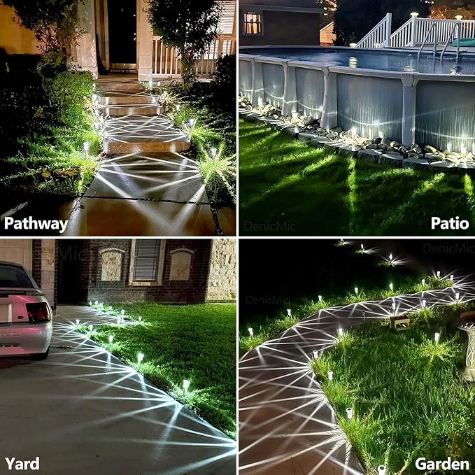 DenicMic Solar Pathway Lights Outdoor Waterproof Cold White LED 15 Pack | Yard Garden Driveway Walkway Landscape Path Lights, Starburst Pattern, Acrylic Diamond-like Lampshade Stainless Steel Pole