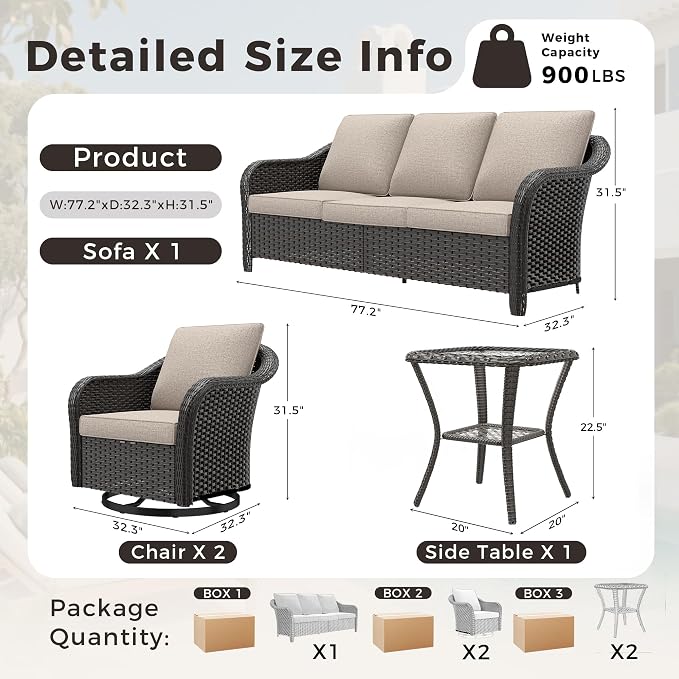 4 PCS Patio Conversation Set | 78" Couch, 2 Swivel Chairs, 1 Side Table， Outdoor Wicker Conversation Furniture with Removable Cushions for Bistro, Deck, Sunroom(Beige)