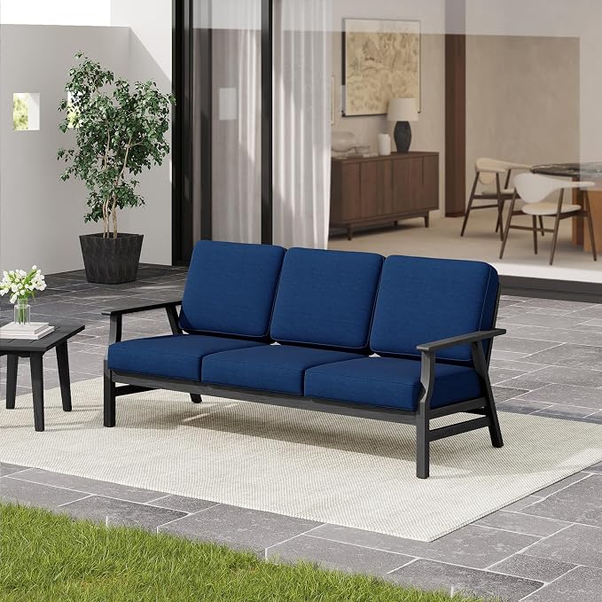 3 Pieces Patio Furniture Sets, Black Wood Outdoor Sectional Furniture with Coffee Table, 5 Seats Patio Sofa Couch Conversation Set for Backyard Deck - Navy