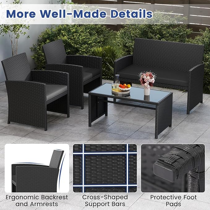 Tangkula 4 Pieces Patio Wicker Furniture Set, Outdoor Heavy Duty Rattan Cushioned Chairs, Loveseat and Tempered Glass Coffee Table, for Backyard, Balcony, Poolside (1, Black)
