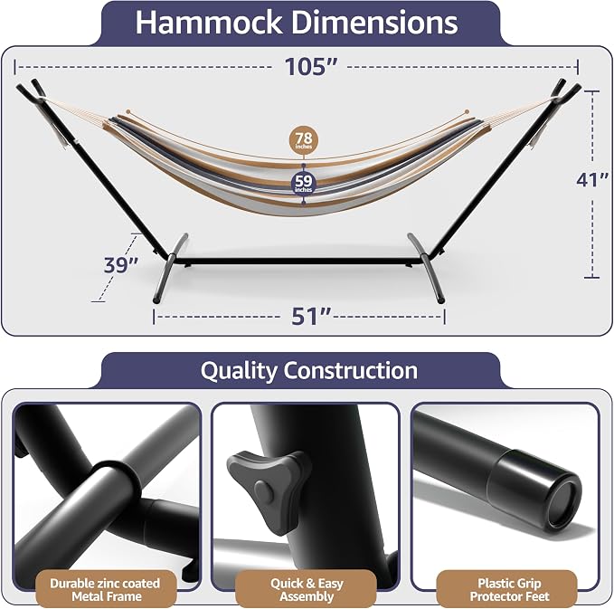 Sorbus 2-Person Hammock with Stand – 60" Cotton Blend Bed, Heavy Duty 450lbs Capacity, Portable with Carrying Case – for Garden, Patio, Outdoor, Camping, Gifts – Washable