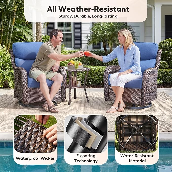 Rilyson Outdoor Wicker Patio Furniture Set - 5 Piece Patio Conversation Sets with Swivel Rocker Chairs, Ottomans and Side Table, 6 inch Cushions, Waterproof Wicker, for Porch Deck Brown/Blue