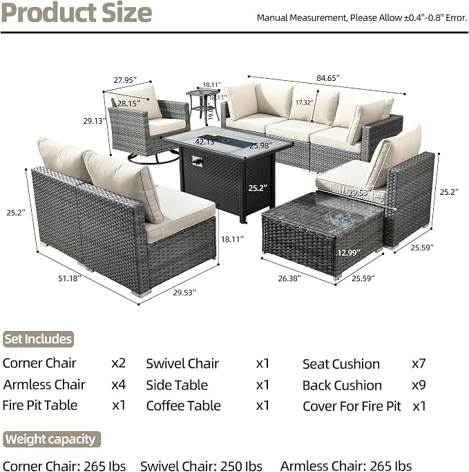 HOOOWOOO 10 Piece Patio Sectional Furniture Set with Fire Pit Table,Modern Wicker Outdoor Conversation Sofa Sets,Weather Resistant Modular L Shaped Outside Couch Swivel Chair Set(Beige)