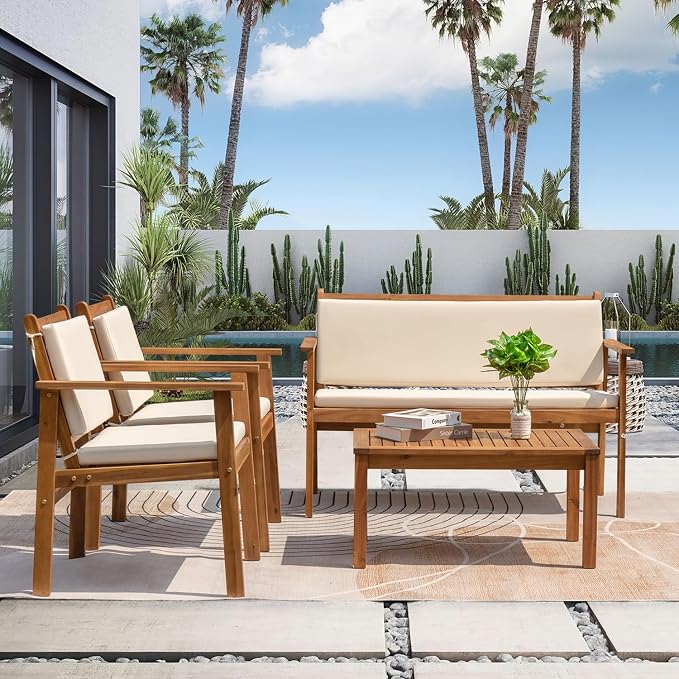 Greesum Outdoor Patio Furniture, 4 Piece Bistro Sofa Set with Coffee Table and Loveseat, Acacia Wood Conversation Sets with Cushions, for Garden, Backyard, Poolside, White