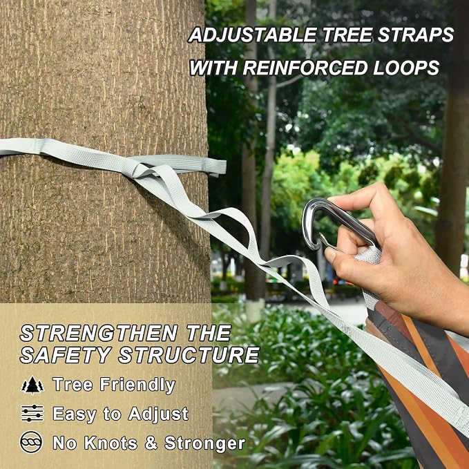 Camping Hammock Outdoor Hammocks for Outside Gray Orange Stripe Beach Trees Portable Lightweight with Pockets Tree Straps Indoor