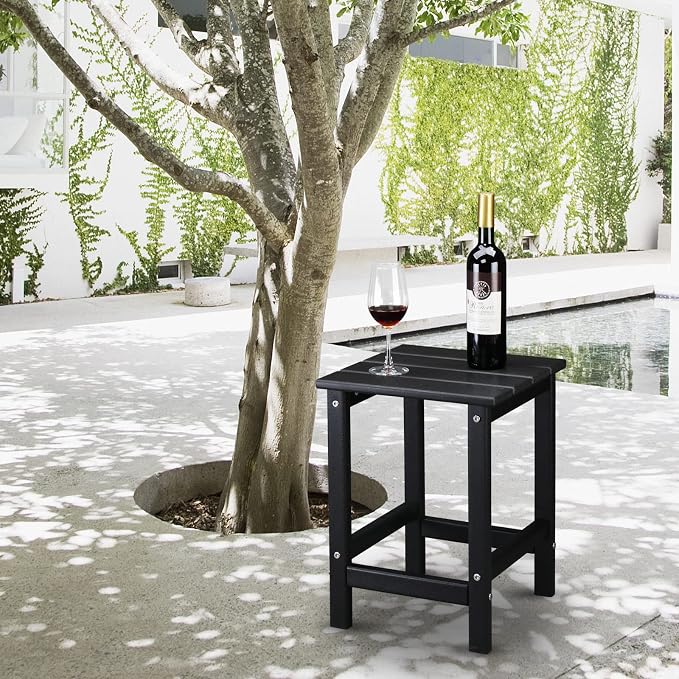 Beach Outdoor Side Table with 2 Layer Storage, Plastic Waterproof and UV Resistant HDPE Adirondack Coffee End Tables, All Weather for Patio, Backyard, Pool, Indoor Use (Square, Black)