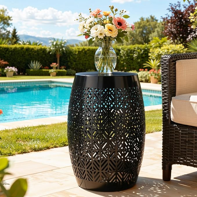 18" Cutout Metal Outdoor Side Table with 3-Mode LED Lights, Modern Decorative Drum End Table, Versatile Coffee Table/Garden Stool/Night Stand/Plant Stand for Patio, Living Room, Bedroom