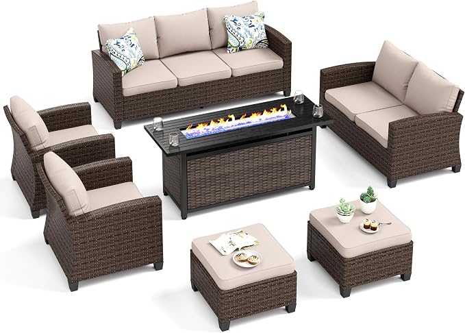 MIXPATIO Patio Furniture Set, 7 Pcs Wicker Outdoor Conversation Set, 2 x Leg Chairs, 1 x 3 Seater Sofa, 1 x 2-Seat Lover Sofa and 2 x Ottomans with 4" Thick Cushion and 56" Fire Pit Table, Beige