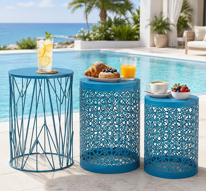 Y&M Set of 3 Heavy-Duty Round End Table, Side Table, Coffee Table for Indoor Multifunctional Use, Outdoor Decorative Garden Stool Plant Stand-Blue