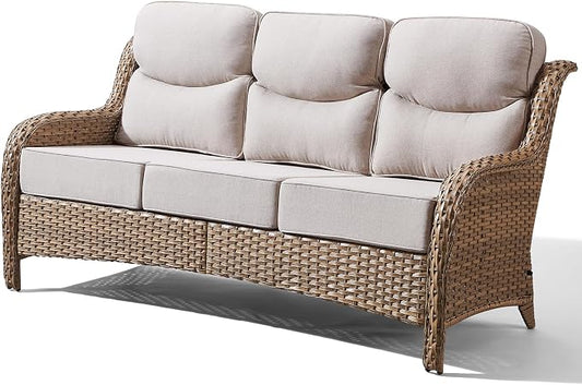 71'' Patio Couch Outdoor Wicker Sofa, Heavy Duty All-Weather Rattan 3-Seater Sofa with Deep Seating and Removable Cover, Outdoor Patio Furniture for Deck Porch Sunroom Backyard Yellow/Beige