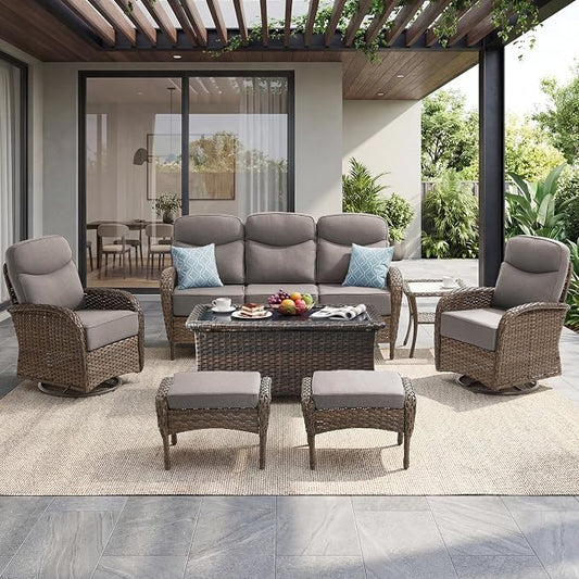 Outdoor Swivel Rocking Chair Patio Set (7-Piece), High-Back - Thick Cushion Swivel Rocking Chair Patio Set, All-Weather Wicker Patio Furniture Set, Suitable for Balcony Patios, Brown/Gery