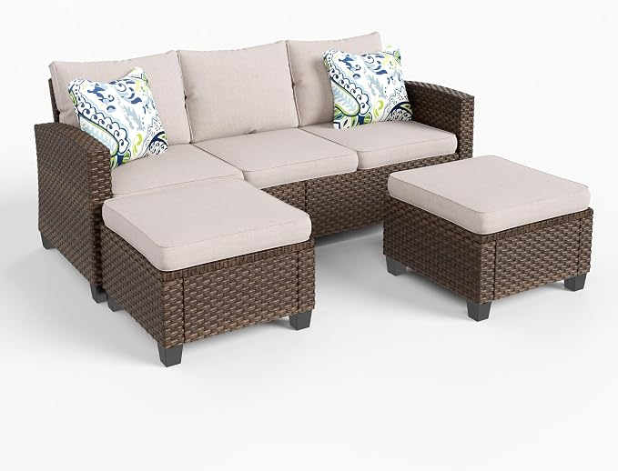 HERA'S HOUSE Small Patio Furniture Set, 3 Pieces Wicker Outdoor Sectional Set, L-Shaped Patio Couch Set, Modular Rattan Conversation Set with Lounge Sofa and Ottomans for Deck Lawn Garden, Beige