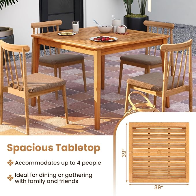 HAPPYGRILL Outdoor Acacia Wood Dining Table for 4 People, 40” Square Patio Bistro Table with Built-in Umbrella Hole, Deck Table for Porch, Garden, Backyard